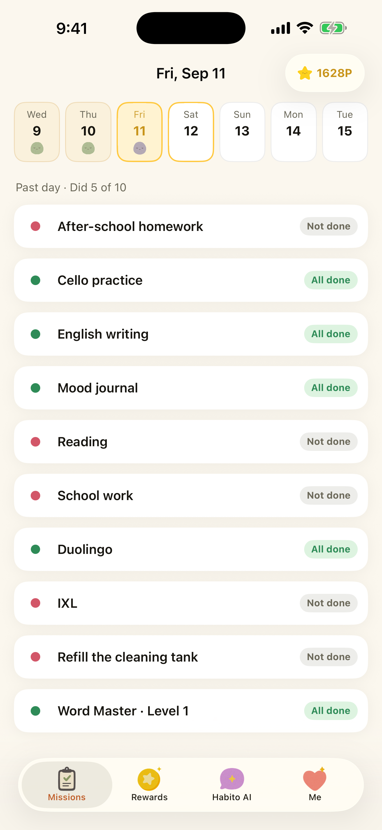 Habito in English: Hailey’s task board with points, daily tasks, and learning activities