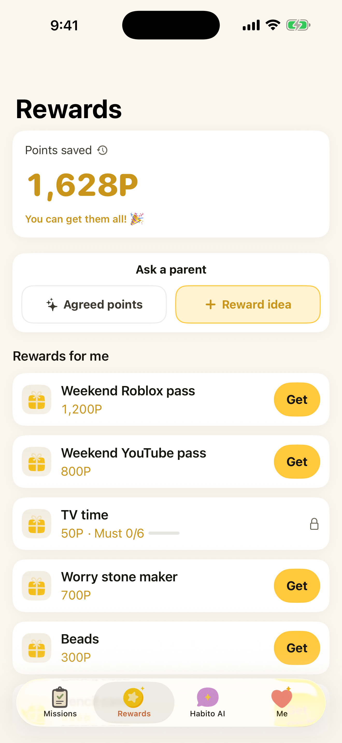 Habito in English: family rewards available to a child, with their point costs