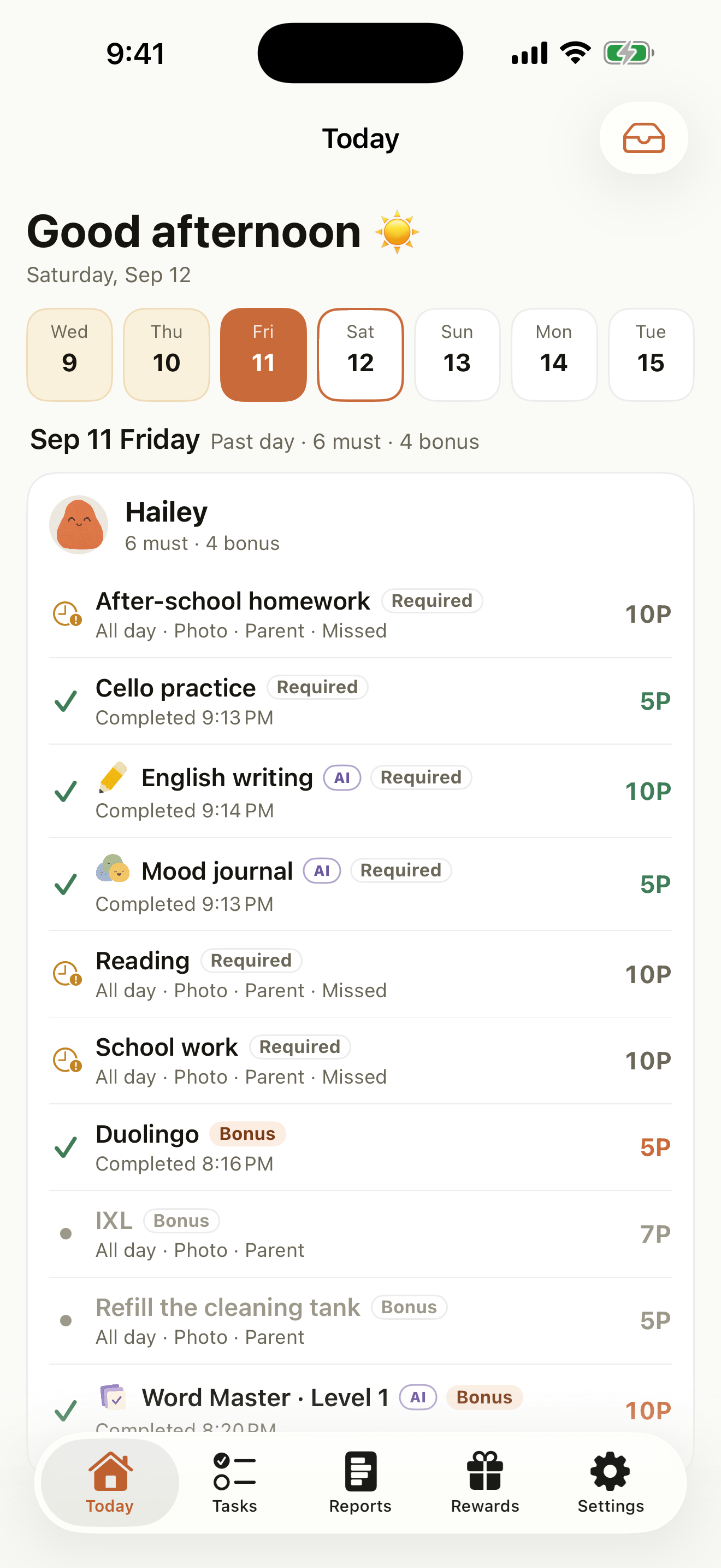 Habito in English: a parent’s daily view of Hailey’s tasks and progress
